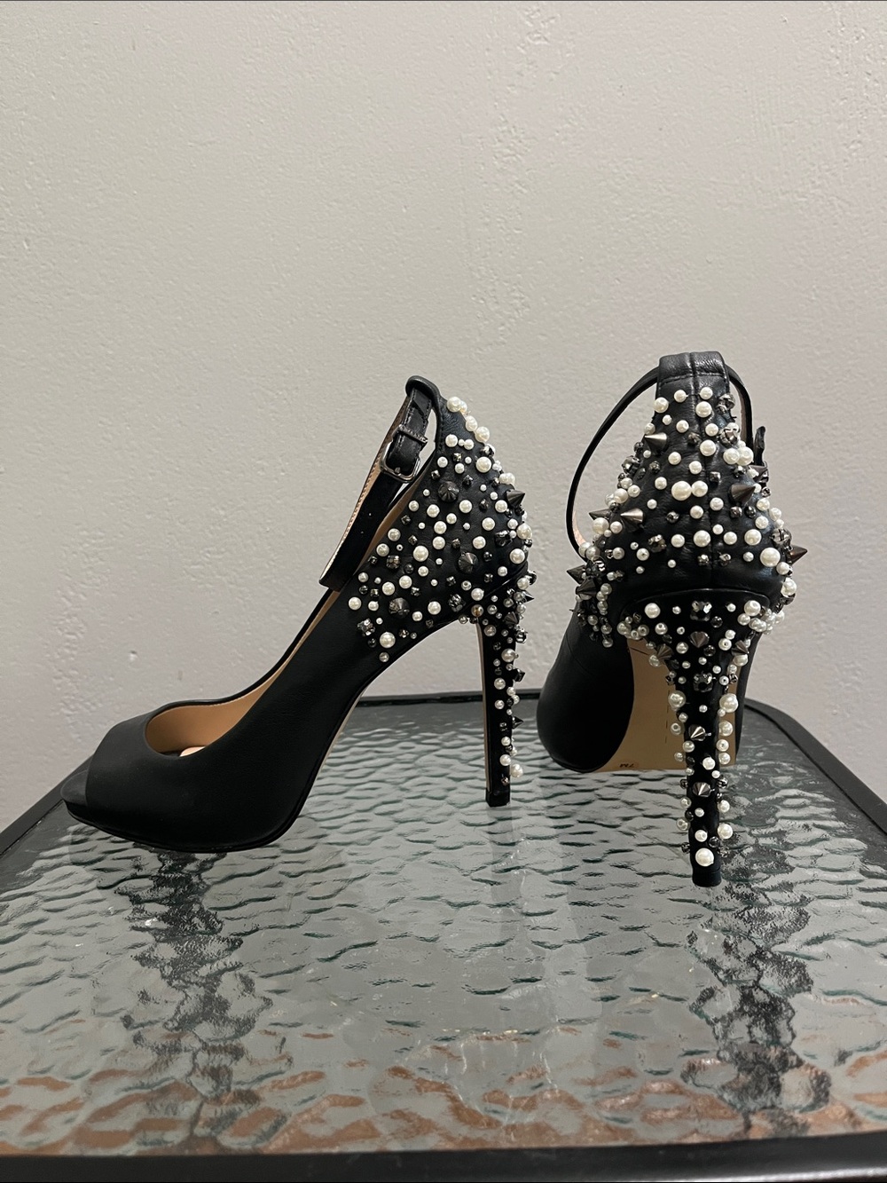 Gianni Bini Black Pearl & Crystal Studded Stiletto Heels